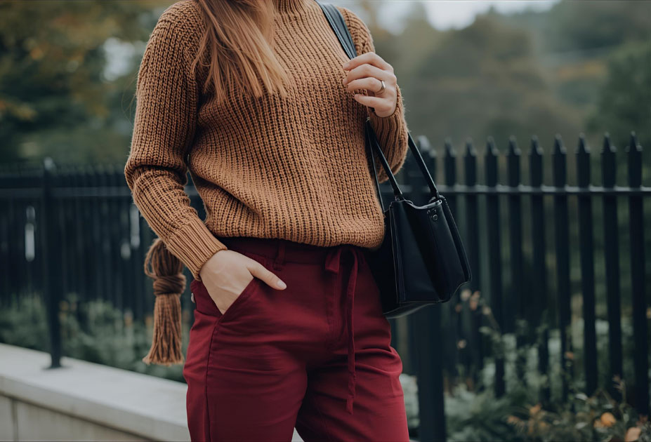 brązowy sweter i spodnie